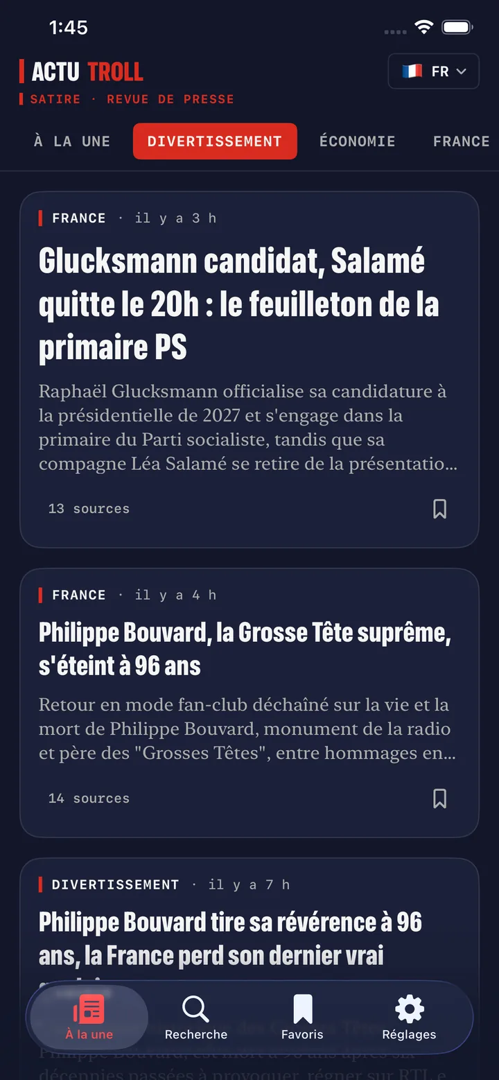 Écran « À la une » d'Actu-Troll, liste des sujets du jour